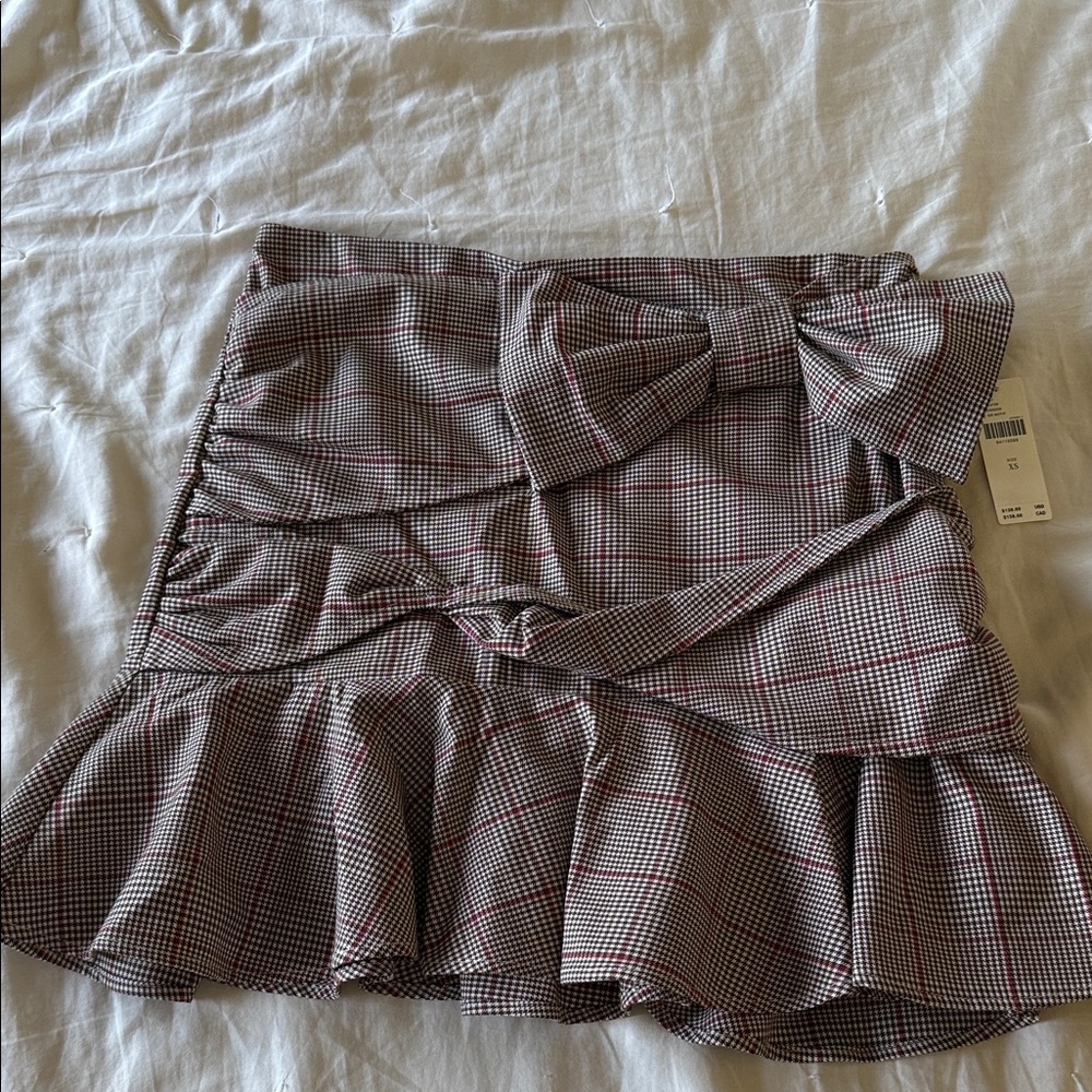 Maeve Brown and Black Plaid Mini Skirt with Bow Detail